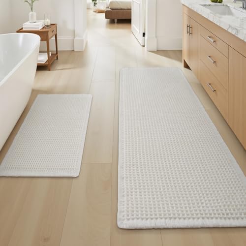 Upgraded Waffle Bath Mat Set of 2 Absorbent Bathroom Mat 18"x30" + 24"x48" by AMOAMI