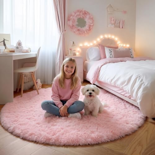 ONASAR Light Pink Round Area Rugs 5ft for Bedroom Living Room, Fluffy Circle Rug for Kids Girls Boys Teen, Soft Plush Shaggy Carpet for Nursery Dorm Classroom Playroom Home Decor Aesthetic by ONASAR