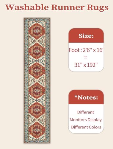 SERISSA 2'6"x16' Washable Non Slip Boho Runner Rug for Hallway，Orange - Image 6