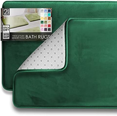 Clara Clark 2 Piece Bathroom Rugs Bath Mat Set, Velvet Memory Foam Bath Mats for Bathroom - Non-Slip, PVC Backing Bath Rugs, Washable - Dries Quickly, Hunter Green by ClaraClark