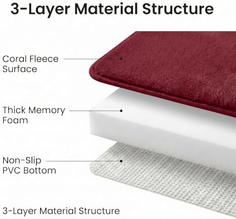 Bathroom Rugs Set 3 Piece, Memory Foam Bath Rugs, Non Slip Washable Bathroom Rug Set, Extra Soft Absorbent Bath Mats with U-Shaped Toilet Rug, Burgundy - Image 3