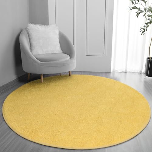 FlyDOIT Round Area Rugs for Bedroom Living Room, 4x4 Yellow Super Soft Comfy Thickened Memory-Foam Indoor Circle Carpets, Modern Aesthetic Minimalist Carpet for Boys Girls Adults Nursery Home Décor by FlyDOIT