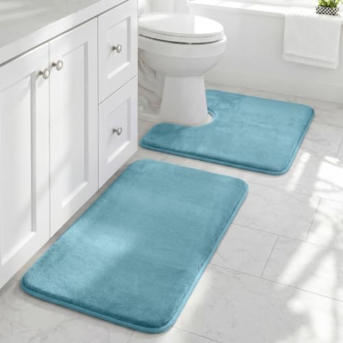 HUXMEYSON Bathroom Rugs Sets 2 Piece, Non-Slip & Quick Dry Bath Mat Set, Ultra Soft Velvet Bath Rugs for Bathroom, Toilet and Shower Floor, Lake Blue by HUXMEYSON