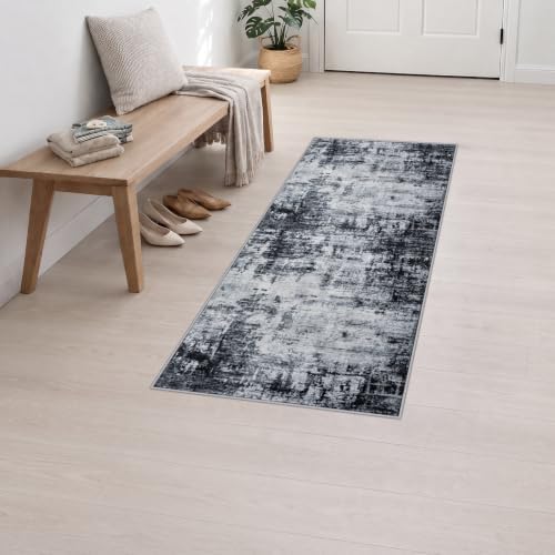 2x5 Washable Runner Rug：Modern Abstract Soft Carpet Dark Black - Image 3
