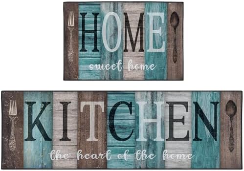 Teal Kitchen Rugs Set of 2 Non Slip Washable Farmhouse Turquoise by Nesphy