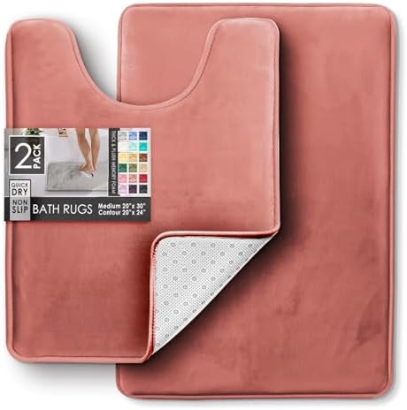 Clara Clark 2 Piece Bathroom Rugs, Velvet Memory Foam Bath Mat Set, Non-Slip Bath Rugs, Machine Wash, Dries Quickly, Ultra Soft Plush Bath Mats for Bathroom, 20 x 32 + Contour, Misty Rose - Image 3