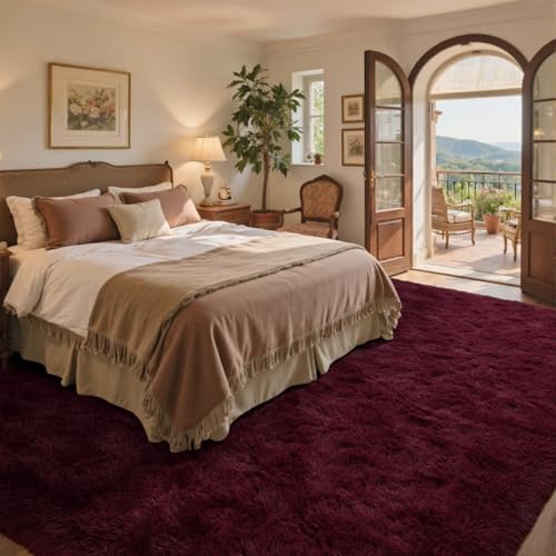 8x10 Area Rugs for Living Room Red Shag Fur Rug, Modern Non-Slip Soft Plush Carpets for Girls Woman Female Wedding Bedroom Home Décor Aesthetic Dark - Image 4