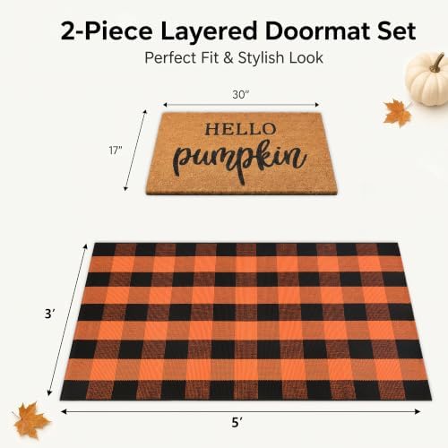 Fall Decor Doormat Combo Set, 100% Coco Coir Welcome Mat + 3' x 5' Orange and Black Plaid Rug - Fall Thanksgiving Front Porch Entryway Decor Floor Mat, Indoor Outdoors Autumn Mats Hello Pumpkin - Image 2