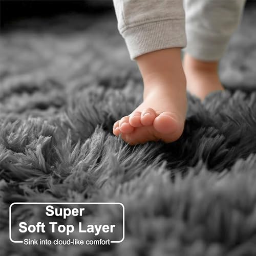 Amdrebio Grey Furry Big Round Area Rug 6Ft for Living Room Bedroom Playroom - Image 2