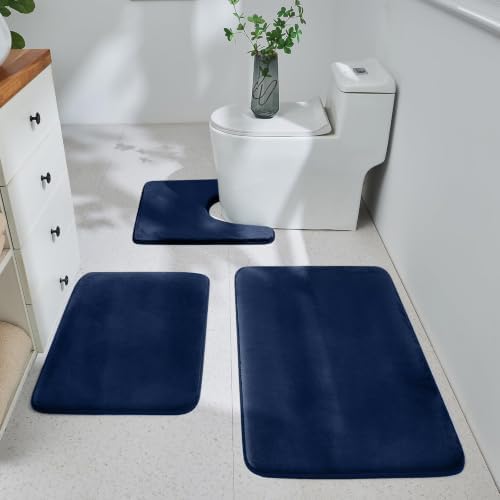 HUXMEYSON 3-Piece Memory Foam Bathroom Rug Set, Navy by HUXMEYSON