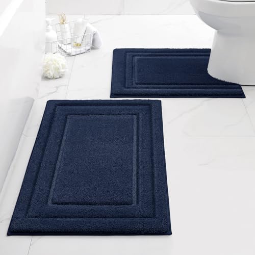 HOMEIDEAS Bathroom Rugs Sets 2 Piece, Super Soft and Absorbent Non Slip Microfiber U-Shaped Toilet Bath Mat Set (20"x32"+U20 x24, Navy Blue) by HOMEIDEAS