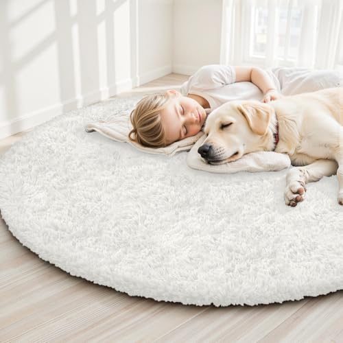 White Round Fluffy Rug 6ft Plush Fuzzy Shaggy Carpet - Image 6
