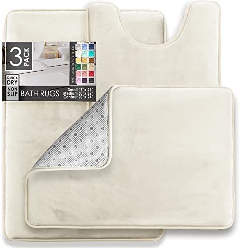 Clara Clark 3 Piece Bathroom Rugs Bath Mat Set, Velvet Memory Foam Bath Mats for Bathroom - Non-Slip, PVC Backing Bath Rugs, Washable - Dries Quickly, White - Image 3