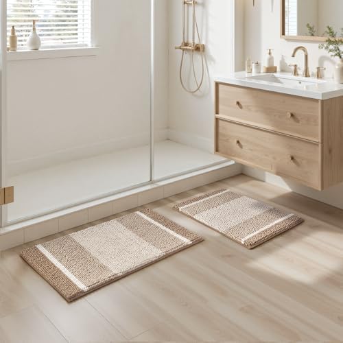 HOMEIDEAS Beige Bathroom Rugs Sets 2 Piece Chenille, 20"x32"+17"x24" - Image 4