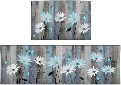 Kitchen Rugs Set of 2 Non Slip WashableFloral Butterfly by Nesphy