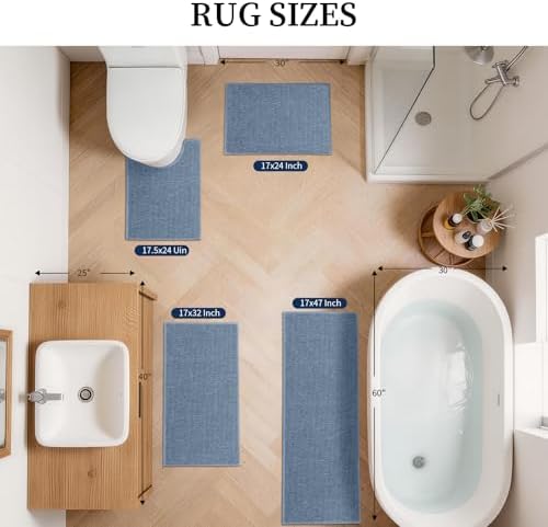 YIHOUSE Navy Blue Bathroom Rugs Sets 4 Piece, Quick Dry Thin Bath Mat with Toilet Rug, Non Slip Absorbent Machine Washable, Bath Runner Rugs for Bathtub Sink Home Decor - Image 2