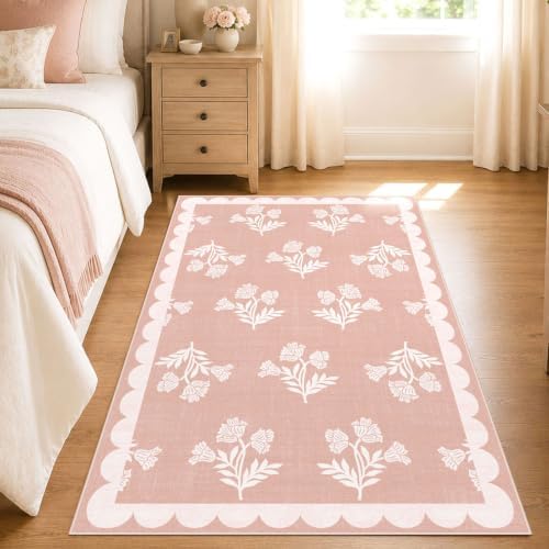 Pink Floral Rug for Girls Bedroom - 3x5 Washable Boho Bathroom Rug by Othilic