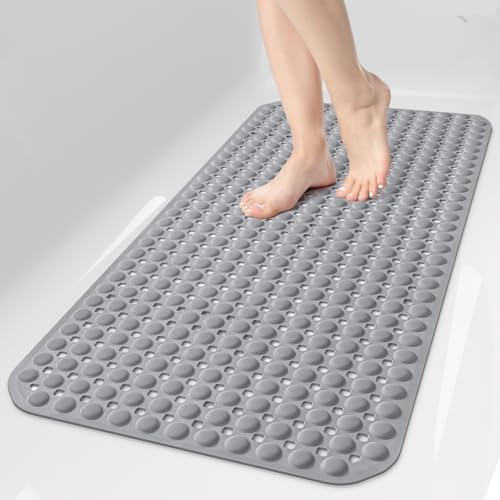 OTHWAY Bath Tub Shower Mat Non Slip, Bathtub Floor Liner Mats for Inside Shower Bathroom, Suction Cups and Drain Holes for Feet Scrubbing, Machine Washable, Soft on Feet, 35x16 Inch, Grey by OTHWAY