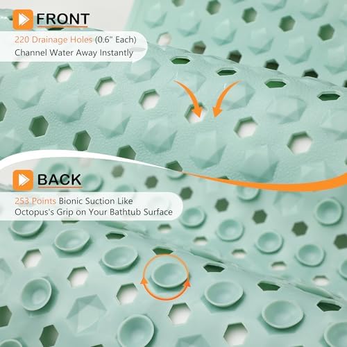 Yimobra Bathtub Mat Non Slip, 34.5"X15.5" Long Shower Mat for Inside Shower, Machine Washable Bath Mat with Drain Holes & Strong Suction Cups, Soft on Feet, Bathroom Essentials, Light Green - Image 2