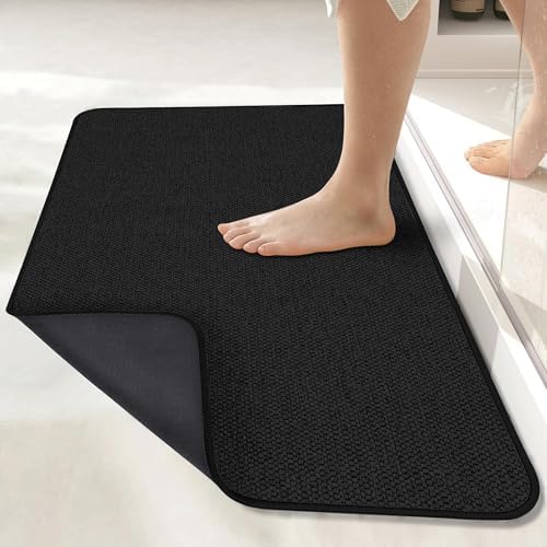 Bath Mat,Ultra Thin Bathroom Rugs,Rubber Bath Mats for Bathroom,No Slip Bath Rugs,Quick Dry,Machine Washable,Low Pile,Absorbent,Shower Outside,Sink,Home Decor Accessories.Black,1'5"x2'3"(17x27inch) by BosapDirect