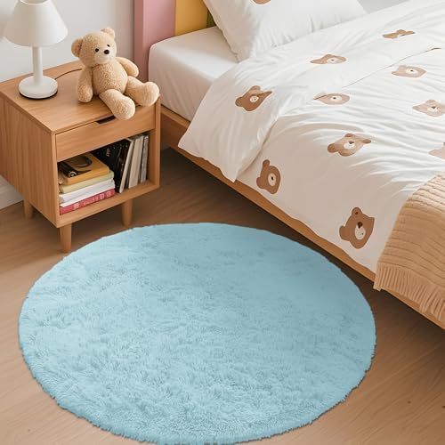 OLANLY Light Blue Round Rugs for Bedroom - Machine Washable, 3 ft Circle Area Rugs for Living Room, Soft and Fluffy Shaggy Carpet for Teen Girl and Boys, Nursery Rooms, Dorms, Home Decor Aesthetic - Image 3