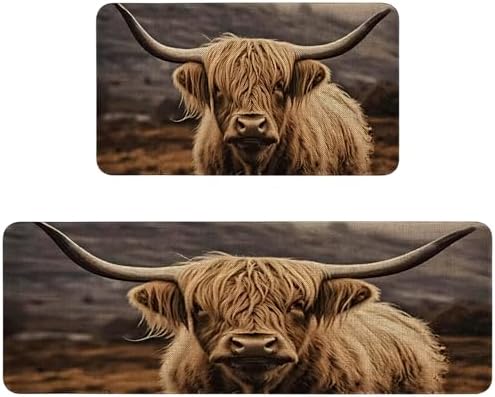 Farmhouse Highland Cow Kitchen Rugs Sets of 2 Non Slip Washable, Rustic Country Brown Highland Cow Kitchen Mats for Floor 2 Piece Home Decor by Unknown