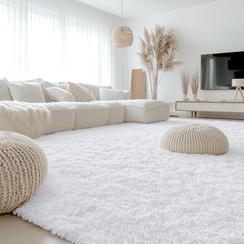 OLANLY 10x14 Machine Washable Large Area Rugs for Living Room, Bedroom, Soft Fluffy Shaggy Bedside Rug, Indoor Floor Carpet for Kids Girls and Boys, Dorms, Nursery, Home Decor Aesthetic, White by OLANLY