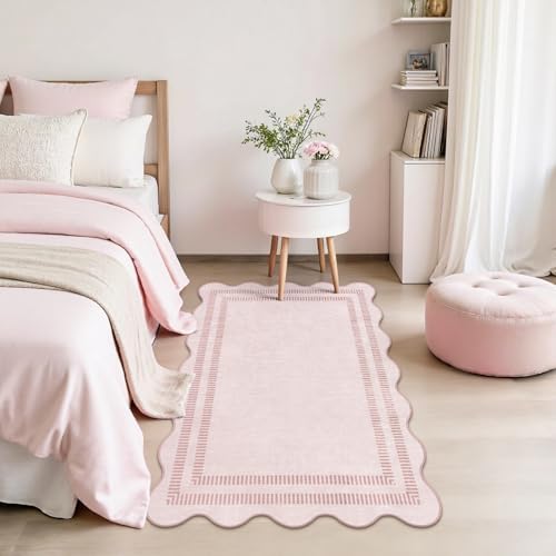 Washable 3x5 Indoor Entryway Rug, Solid Pink Non Slip Rugs for Bedroom Girls, Stain Resistant Scalloped Soft Carpet for Nursery Dorm Kitchen - Image 7