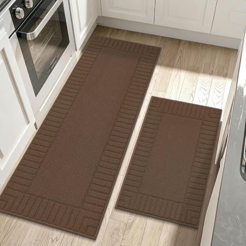 BEQHAUSE Kitchen Rugs Non Slip Washable 2PCS, 24"x35"+24"x60", Brown by BEQHAUSE