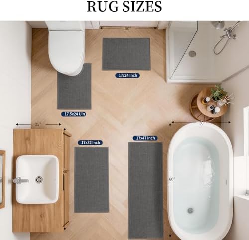YIHOUSE Dark Gray Bathroom Rugs Sets 4 Piece, Quick Dry Thin Bath Mat with Toilet Rug, Non Slip Absorbent Machine Washable, Bath Runner Rugs for Bathtub Sink Home Decor - Image 2