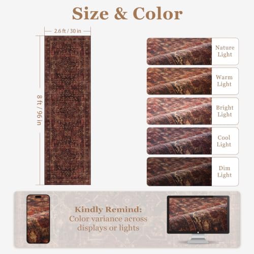 Washable Hallway Runner Rug 2.6'x8', Vintage Medallion, Dark Red - Image 2