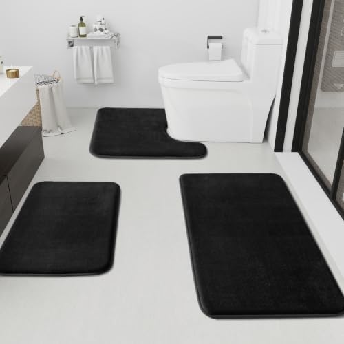 HUXMEYSON Bathroom Rugs Sets 3 Piece, Non-Slip & Quick Dry Bath Mat Set, Ultra Soft Velvet Bath Rugs for Bathroom, Toilet and Shower Floor, Black by HUXMEYSON