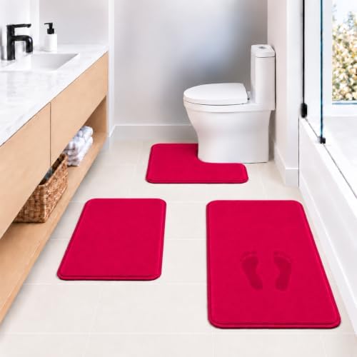RUN HELIX Bathroom Rugs Sets 3 Piece, Soft Absorbent Memory Foam Bath Mats Set, Dry Fast Bath Mat, Machine Washable Bath Rug Set for Bathroom （Christmas Red） Bathrom Decoration by RUNHELIX