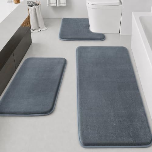 HUXMEYSON Bathroom Rugs Sets 3 Piece, Non-Slip & Quick Dry Bath Mat Set, Ultra Soft Velvet Bath Rugs for Bathroom, Toilet and Shower Floor, Grey by HUXMEYSON
