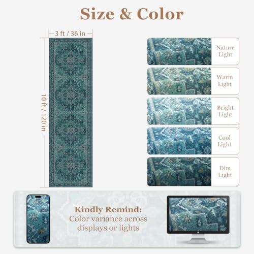 Washable Hallway Runner Rug 3'x10', Vintage Medallion, Boho Teal - Image 2