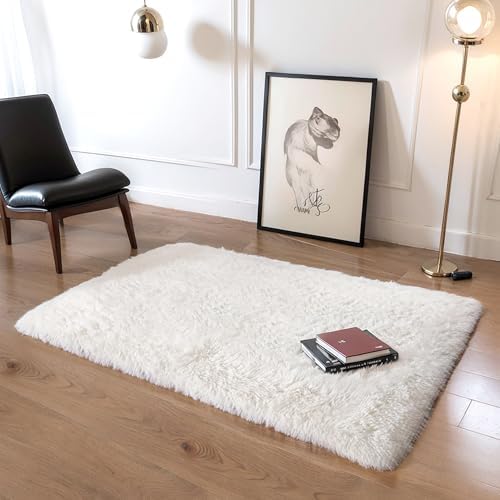 3x5 Thick Cream White Fluffy Shag Rug for Girls Bedroom, Plush Carpet by KICHOWUA