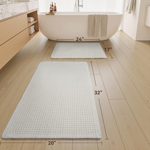 Upgraded Waffle Bath Mat Set of 2 Absorbent Bathroom Mat 17"x24" + 20"x32" - Image 2