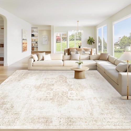 Area Rug 9x12 Washable Rug, Vintage Boho Medallion Rugs Non-Slip Soft Low Pile Large Distressed Rug Indoor Retro Carpet for Living Room Bedroom Dining Room Home Office (Beige, 9'x12') by VECARF