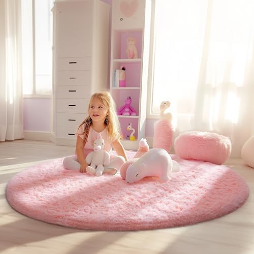 Ophanie Soft Fluffy Shaggy Rugs for Bedroom Living Room Dorm Nursery Home Decor Aesthetic,Color Pale Pink, Size 4' Round - Image 3