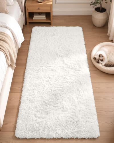 OLANLY 2x5 Machine Washable Runner Rugs for Hallway, Soft Fluffy Shaggy Bedside Rugs for Bedroom, Living Room, Indoor Floor Carpet for Kids Girls and Boys, Nursery Rooms, Home Decor Aesthetic, White by OLANLY