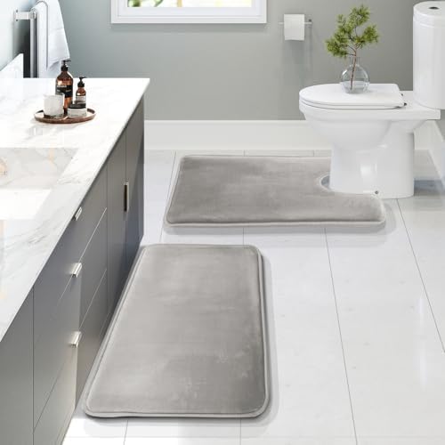 Clara Clark 2 Piece Bathroom Rugs, Velvet Memory Foam Bath Mat Set, Non-Slip Bath Rugs, Machine Wash, Dries Quickly, Ultra Soft Plush Bath Mats for Bathroom, 17 x 24 + Contour, Silver by ClaraClark