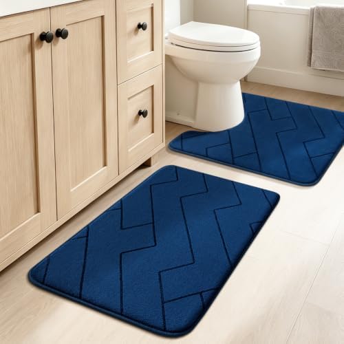 YIHOUSE 2 Piece Memory Foam Bathroom Rug Set, Dark Blue, 17"x24"+20"x24"U by YIHOUSE