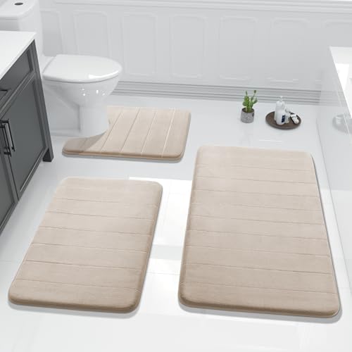 Yimobra 3 Pieces Memory Foam Bath Mat Set with U-Shaped Toilet Rug - Non Slip Super Soft Absorbent Quick Dry Bathroom Rugs for Bathtub, Vanity & Toilet Base, Beige by Yimobra