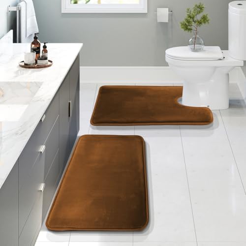 Clara Clark 2 Piece Bathroom Rugs, Velvet Memory Foam Bath Mat Set, Non-Slip Bath Rugs, Machine Wash, Dries Quickly, Ultra Soft Plush Bath Mats for Bathroom, 20 x 32 + Contour, Brown by ClaraClark