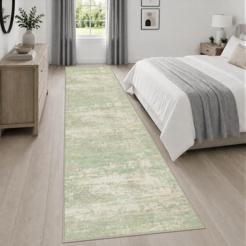 2.6x14 Washable Runner Rug:Modern Abstract Soft Carpet Green Cream - Image 5