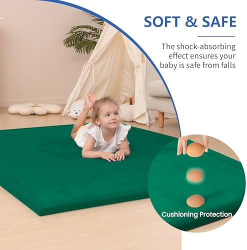 Huloo Sleep Baby Play Mat for Floor,1.3" Thick Memory Foam Tummy Time Mat,Soft Coral Velvet Nursery Rug,Extra Large Non Slip Crawling Mats for Living Room(Dark Green) - Image 2