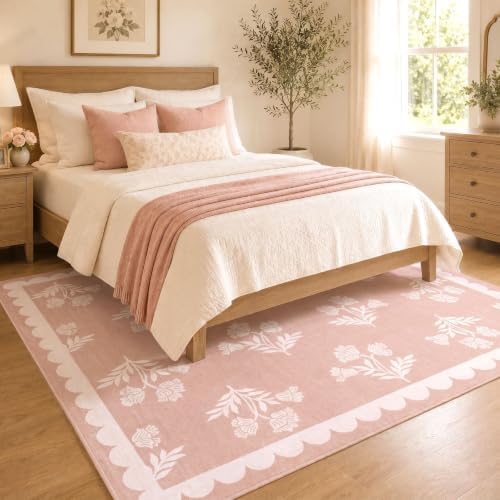 Pink Square Rugs 6ft - Soft Washable Boho Floral Girls Bedroom Rug - Image 4