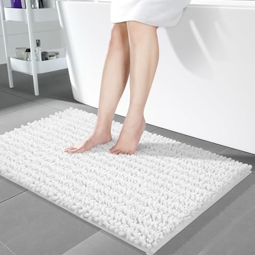 Yimobra Long Bathroom Rugs Non Slip Washable 44x24 Inch - Ultra Soft Absorbent Chenille Bath Mat, Quick Dry Shaggy Floor Carpet for Tub Shower, White Home Decor Accessories by Yimobra