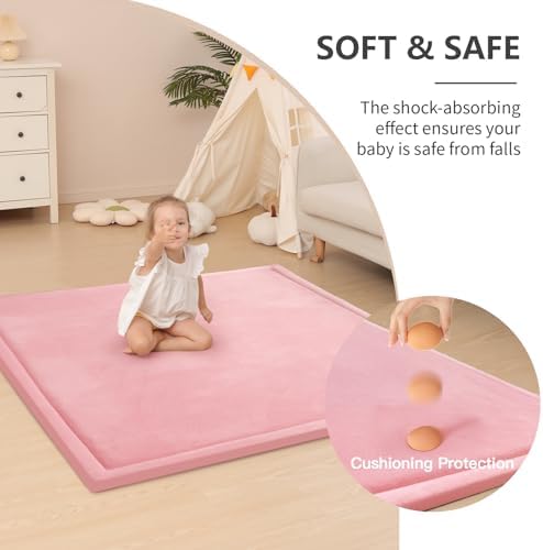 Huloo Sleep Ultra Soft Baby Play Mat for Floor, 1.3" Thick Elasti-Foam 65x50 Play Mat for Playpen,Water-Repellent Coral Velvet for Tummy Time, Non-Slip Backing,Safe for Toddlers & Infants（Pink） - Image 2