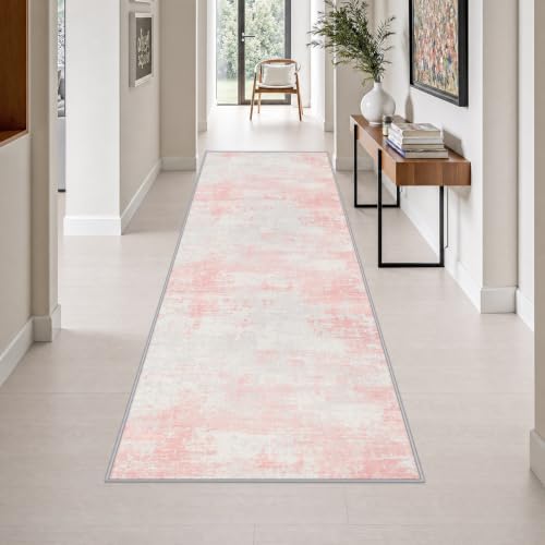 3x10 Washable Runner Rug：Modern Abstract Soft Carpet Pink White by FXRHLP